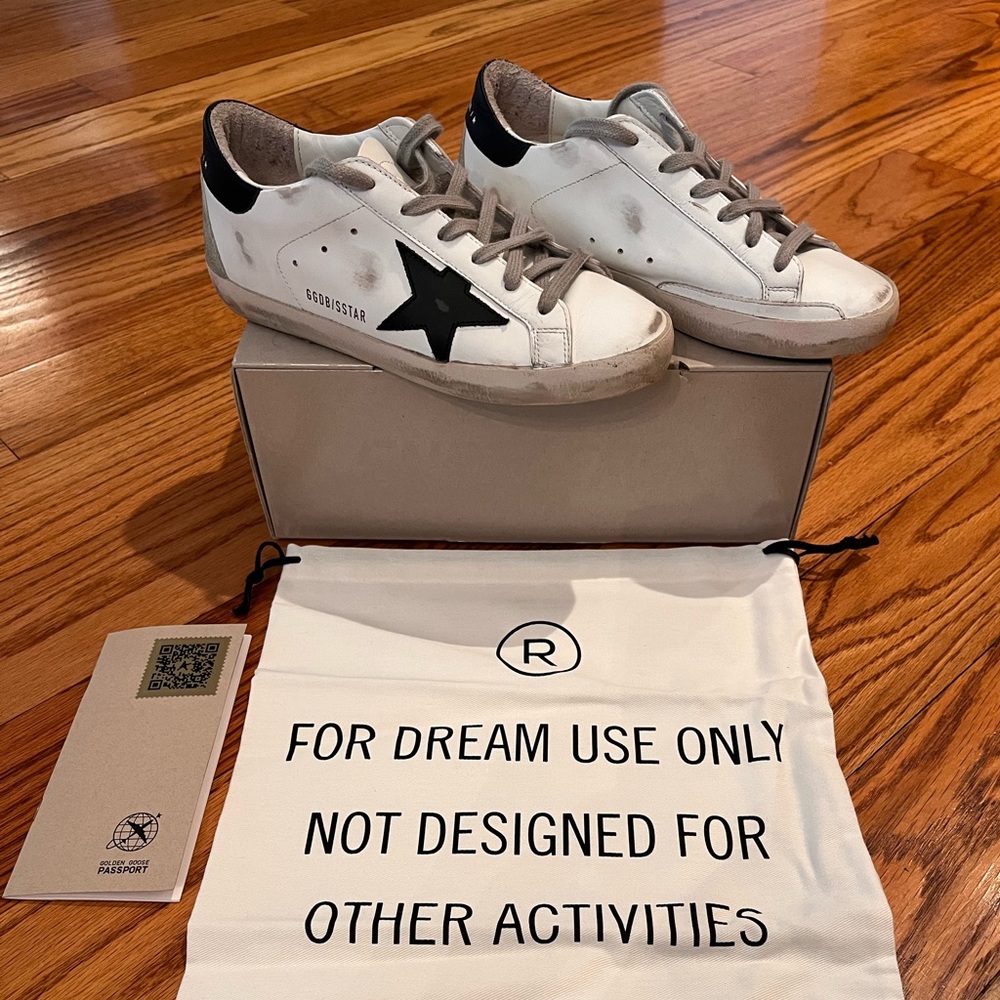 Golden Goose Superstar White with Black Star and Tab - Like New - Size 37